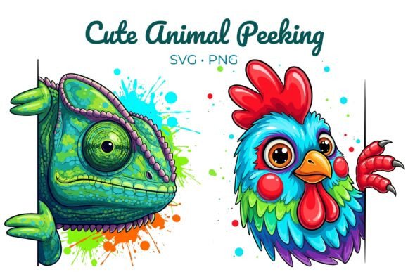 Chameleon Rooster Cute Animal Peeking Graphics