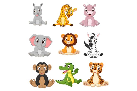 Set of Nine Cartoon Baby Animal Bundle: Graphics & Illustrations