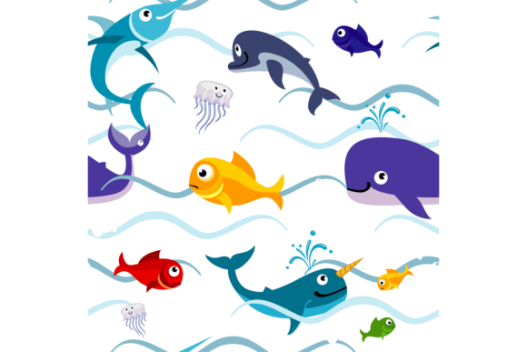 Underwater Animal in Water Waves. Cartoo